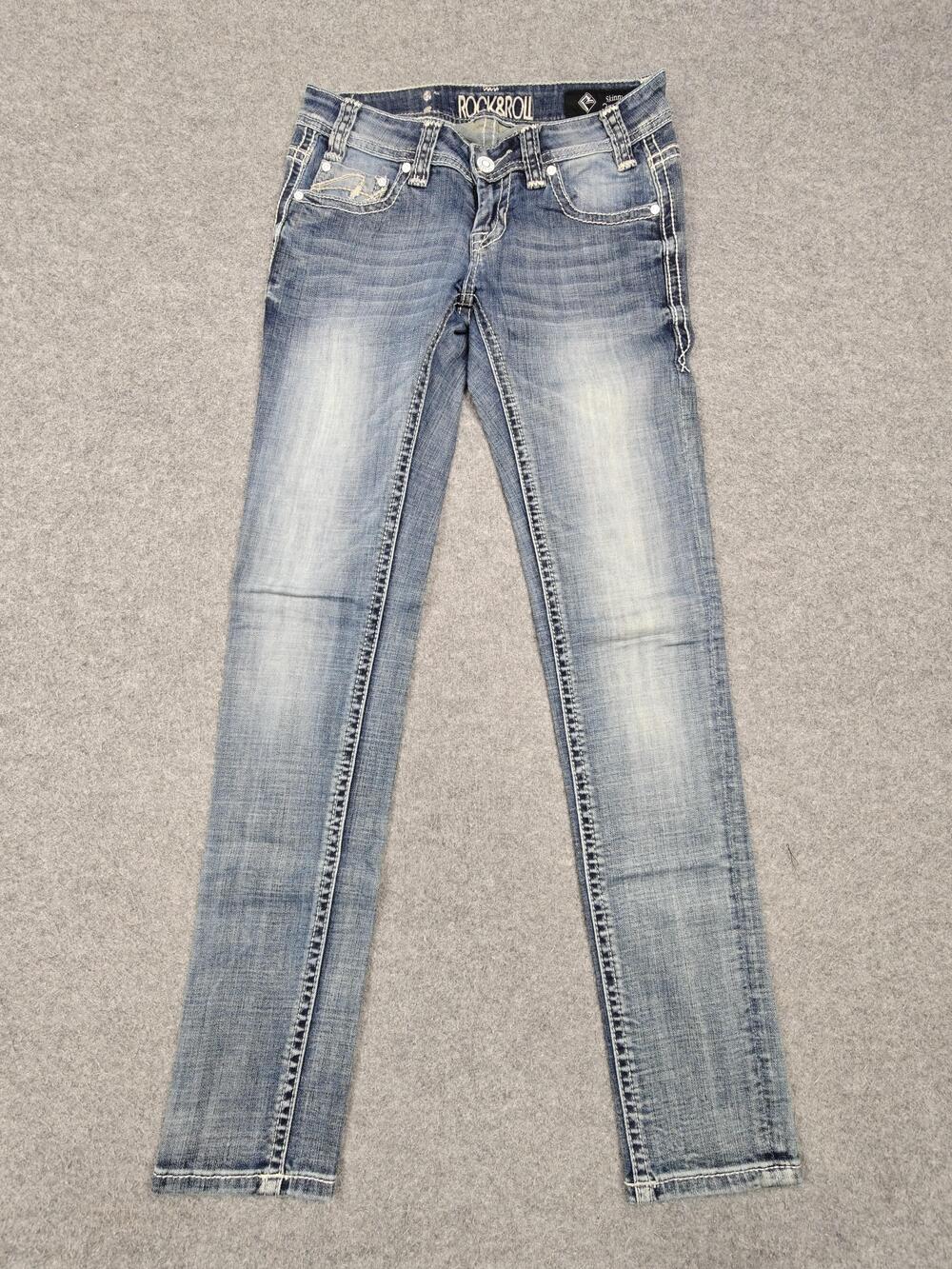 Rock And Roll Cowgirl Jeans Womens 26 Blue Wash Skinny Distressed 32 Inseam
